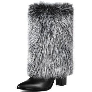 Women's Black Grey 3.3-inch Chunky Mid Calf Furry Fuzzy Fluffy Pointed Toe Boots